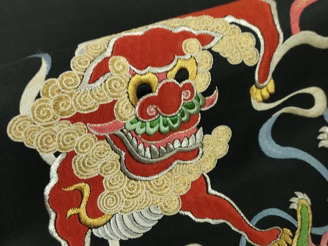 平和屋本店■極上　アンティーク　大正ロマン　九寸名古屋帯　総刺繍　唐獅子　黒地　金銀糸　逸品　DZAA4578kh5