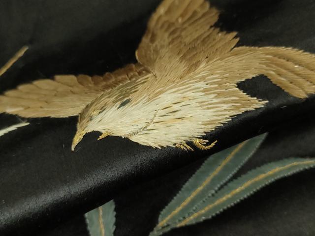 平和屋本店■極上　アンティーク　大正ロマン　九寸名古屋帯　総手刺繍　枝葉に雀　黒地　金糸　逸品　DZAA4579kh5