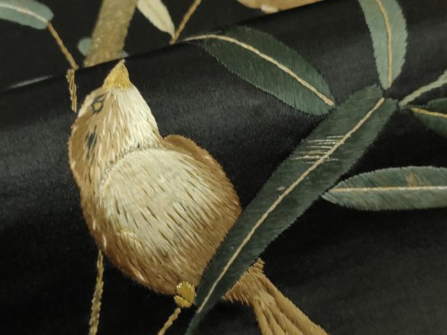平和屋本店■極上　アンティーク　大正ロマン　九寸名古屋帯　総手刺繍　枝葉に雀　黒地　金糸　逸品　DZAA4579kh5