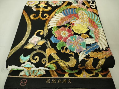 平和屋本店■極上　西陣　環美術織物　六通柄　本袋帯　鳳凰正倉院花文　黒地　金糸　逸品　DZAA4587kh5