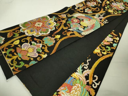 平和屋本店■極上　西陣　環美術織物　六通柄　本袋帯　鳳凰正倉院花文　黒地　金糸　逸品　DZAA4587kh5