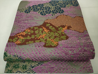 平和屋本店●極上 西陣 白綾苑大庭 六通柄袋帯 幻の貝紫 草花文 金糸 逸品 未使用 DZAA4592kh5