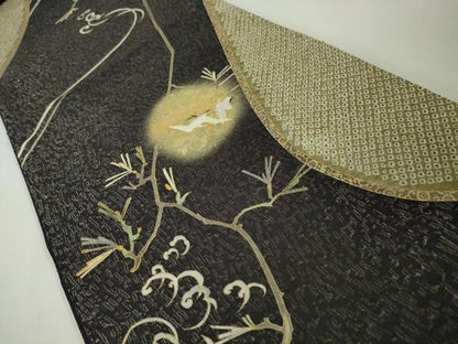平和屋本店●極上 十日町 名門青柳高級ブランド 大喜百花 六通柄袋帯 駒刺繍 鶴 松 黒紅色地 金通し地 逸品 未使用 DZAA4600kh5