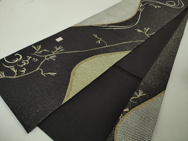 平和屋本店●極上 十日町 名門青柳高級ブランド 大喜百花 六通柄袋帯 駒刺繍 鶴 松 黒紅色地 金通し地 逸品 未使用 DZAA4600kh5