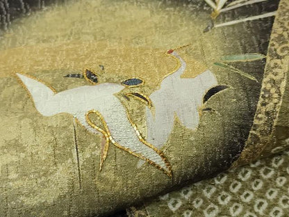 平和屋本店●極上 十日町 名門青柳高級ブランド 大喜百花 六通柄袋帯 駒刺繍 鶴 松 黒紅色地 金通し地 逸品 未使用 DZAA4600kh5
