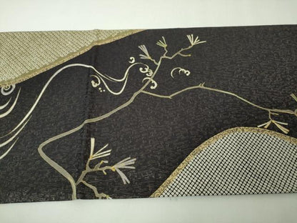 平和屋本店●極上 十日町 名門青柳高級ブランド 大喜百花 六通柄袋帯 駒刺繍 鶴 松 黒紅色地 金通し地 逸品 未使用 DZAA4600kh5