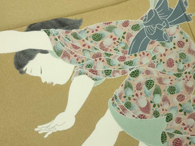 平和屋本店■極上　加賀友禅の巨匠　初代　由水十久　訪問着　飛ぶ童子　白橡色地　反端・風呂敷付き　逸品　未使用　DZAA4638kh5