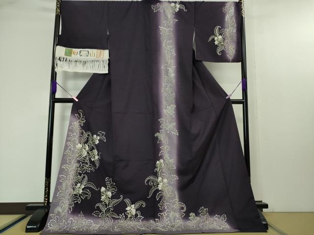 平和屋本店■極上　訪問着　結城紬　総刺繍　洋花文　濃深紫色地　暈し染め　逸品　DZAA4640kh5