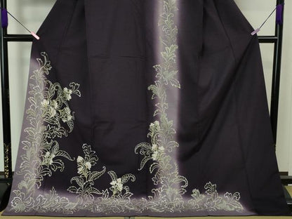 平和屋本店■極上　訪問着　結城紬　総刺繍　洋花文　濃深紫色地　暈し染め　逸品　DZAA4640kh5