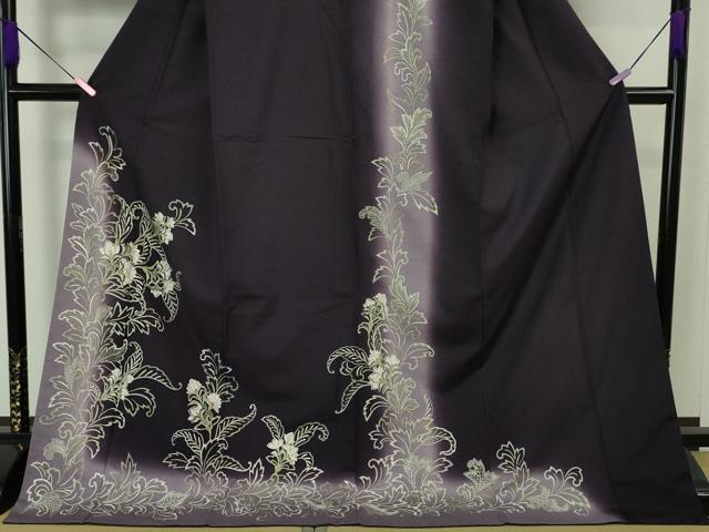 平和屋本店■極上　訪問着　結城紬　総刺繍　洋花文　濃深紫色地　暈し染め　逸品　DZAA4640kh5