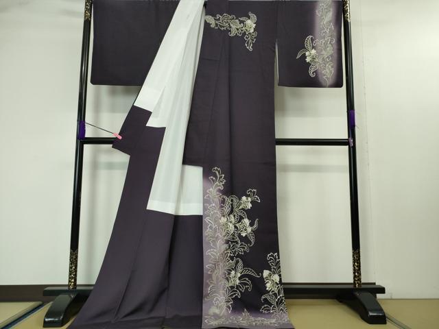 平和屋本店■極上　訪問着　結城紬　総刺繍　洋花文　濃深紫色地　暈し染め　逸品　DZAA4640kh5