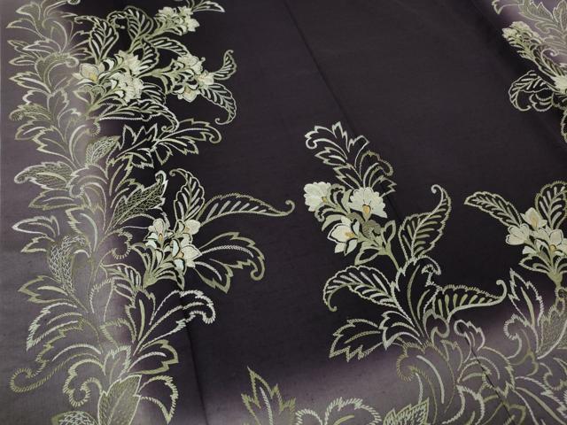 平和屋本店■極上　訪問着　結城紬　総刺繍　洋花文　濃深紫色地　暈し染め　逸品　DZAA4640kh5