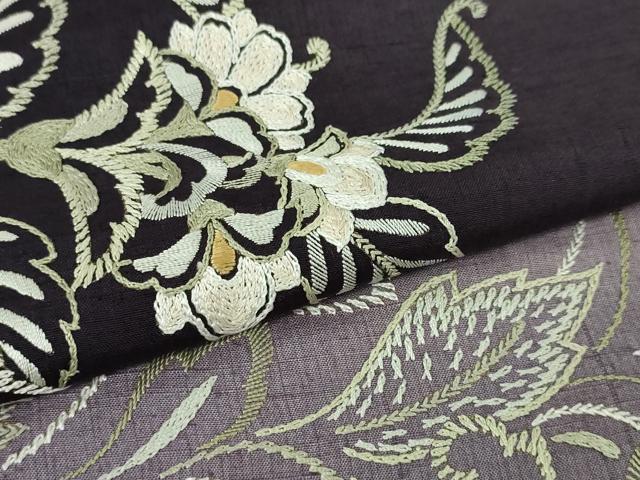 平和屋本店■極上　訪問着　結城紬　総刺繍　洋花文　濃深紫色地　暈し染め　逸品　DZAA4640kh5