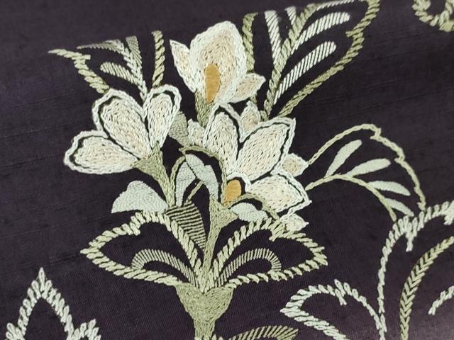 平和屋本店■極上　訪問着　結城紬　総刺繍　洋花文　濃深紫色地　暈し染め　逸品　DZAA4640kh5