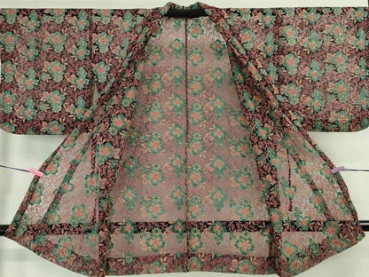 平和屋本店▽極上 道中着 ロング丈 スリーシーズン 春夏秋 塵除け 縫取り 刺繍 紗 草花文 逸品 DZAA4643kh5