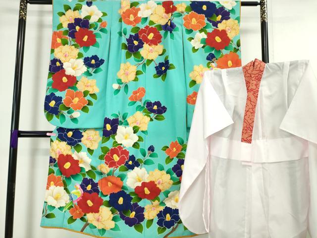 平和屋本店■極上　七五三　女の子　7歳　祝着・長襦袢(半衿付き)セット　椿　尾長鳥　洗える着物　逸品　DZAA4661kh5