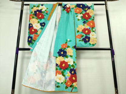 平和屋本店■極上　七五三　女の子　7歳　祝着・長襦袢(半衿付き)セット　椿　尾長鳥　洗える着物　逸品　DZAA4661kh5