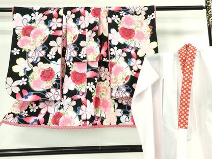 平和屋本店■極上　七五三　女の子　3歳　祝着・長襦袢セット　舞蝶結び紐花文　黒地　金彩　洗える着物　逸品　DZAA4666kh5