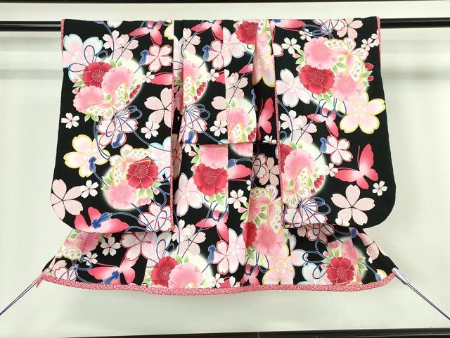 平和屋本店■極上　七五三　女の子　3歳　祝着・長襦袢セット　舞蝶結び紐花文　黒地　金彩　洗える着物　逸品　DZAA4666kh5