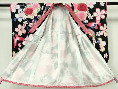 平和屋本店■極上　七五三　女の子　3歳　祝着・長襦袢セット　舞蝶結び紐花文　黒地　金彩　洗える着物　逸品　DZAA4666kh5