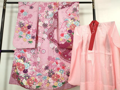 平和屋本店■極上　七五三　女の子　7歳　祝着・襦袢(半衿刺繍)セット　舞蝶花文　金彩　洗える着物　逸品　DZAA4669kh5