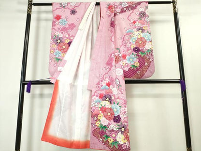 平和屋本店■極上　七五三　女の子　7歳　祝着・襦袢(半衿刺繍)セット　舞蝶花文　金彩　洗える着物　逸品　DZAA4669kh5