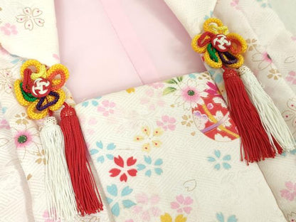 平和屋本店■極上　子供 七五三　女の子　3歳　祝着・襦袢(半衿刺繍)・被布　3点セット　毬花鳥文　金彩　洗える着物　逸品　DZAA4673kh5