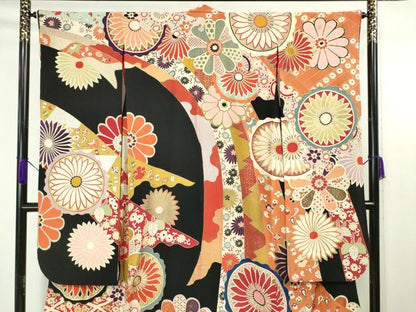 平和屋本店●極上 アンティーク 大正ロマン 振袖 駒刺繍 鬘帯吉祥花文 黒地 金彩 逸品 DZAA4678kh5