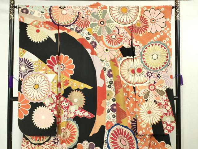 平和屋本店●極上 アンティーク 大正ロマン 振袖 駒刺繍 鬘帯吉祥花文 黒地 金彩 逸品 DZAA4678kh5