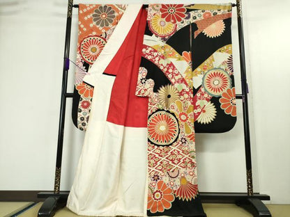 平和屋本店●極上 アンティーク 大正ロマン 振袖 駒刺繍 鬘帯吉祥花文 黒地 金彩 逸品 DZAA4678kh5