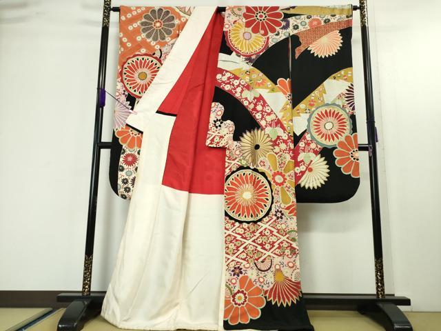 平和屋本店●極上 アンティーク 大正ロマン 振袖 駒刺繍 鬘帯吉祥花文 黒地 金彩 逸品 DZAA4678kh5
