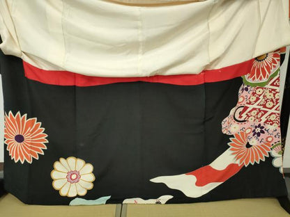 平和屋本店●極上 アンティーク 大正ロマン 振袖 駒刺繍 鬘帯吉祥花文 黒地 金彩 逸品 DZAA4678kh5