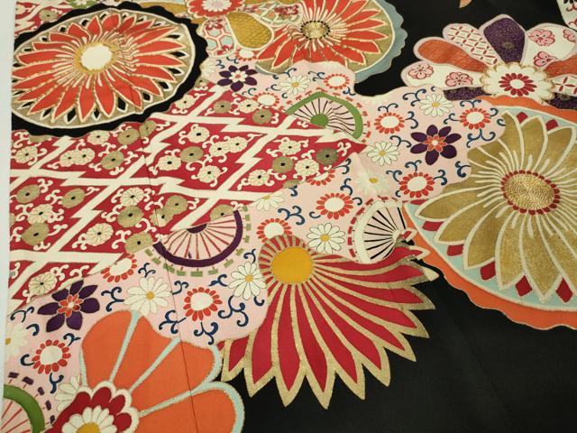 平和屋本店●極上 アンティーク 大正ロマン 振袖 駒刺繍 鬘帯吉祥花文 黒地 金彩 逸品 DZAA4678kh5