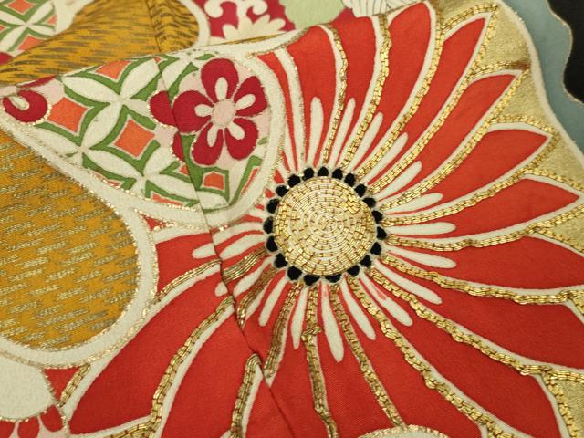 平和屋本店●極上 アンティーク 大正ロマン 振袖 駒刺繍 鬘帯吉祥花文 黒地 金彩 逸品 DZAA4678kh5