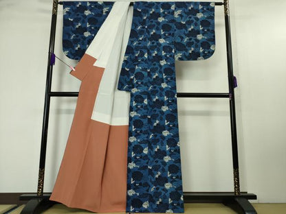 平和屋本店●極上 浦野理一 型染 経節紬 花唐草文 逸品 DZAA4689kh5