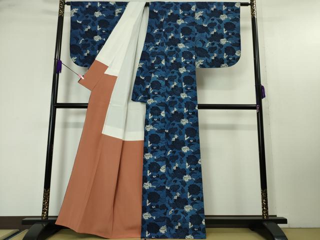平和屋本店●極上 浦野理一 型染 経節紬 花唐草文 逸品 DZAA4689kh5