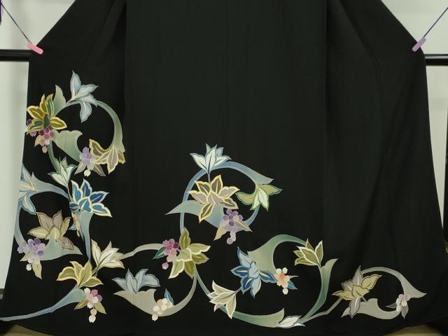 平和屋本店●極上 染刺工芸 大羊居 東京友禅 黒留袖 刺繍 草花文 金糸 逸品 DZAA4714kh5