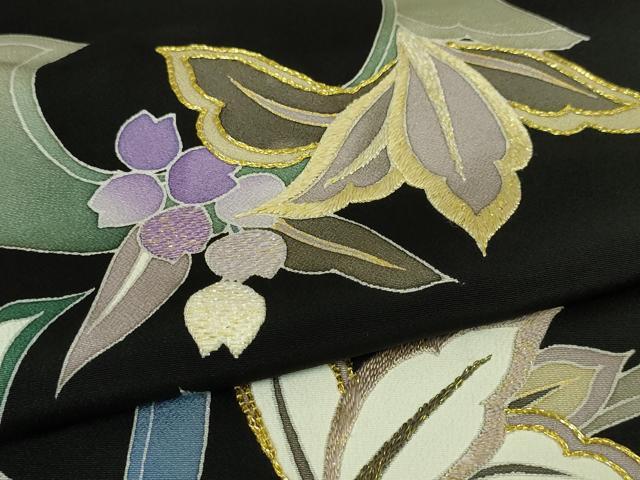 平和屋本店●極上 染刺工芸 大羊居 東京友禅 黒留袖 刺繍 草花文 金糸 逸品 DZAA4714kh5