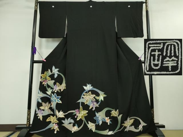 平和屋本店●極上 染刺工芸 大羊居 東京友禅 黒留袖 刺繍 草花文 金糸 逸品 DZAA4714kh5