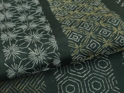 平和屋本店■極上　紬　刺子　刺繍　草花間道　黒緑色地　逸品　未使用　DZAA4716kh5