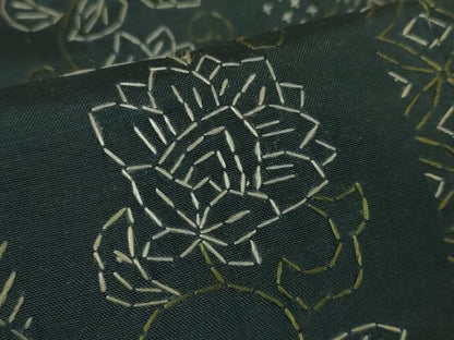 平和屋本店■極上　紬　刺子　刺繍　草花間道　黒緑色地　逸品　未使用　DZAA4716kh5