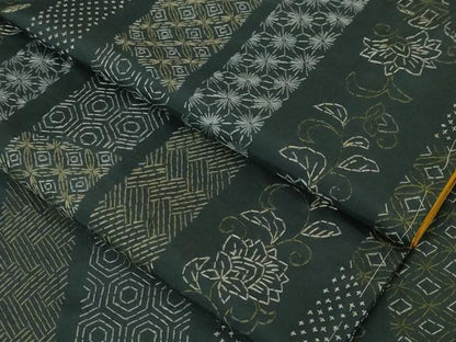 平和屋本店■極上　紬　刺子　刺繍　草花間道　黒緑色地　逸品　未使用　DZAA4716kh5
