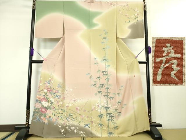 平和屋本店●極上 十日町 加賀草木友禅の第一人者 田村哲彦 訪問着 花鳥文 暈し染め 逸品 DZAA4717kh5