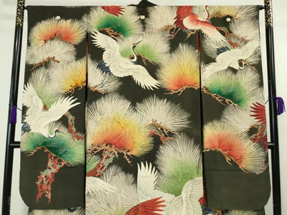 平和屋本店●極上 アンティーク 大正ロマン 振袖 刺繍 飛鶴松文 暈し染め 金糸 逸品 DZAA4720kh5