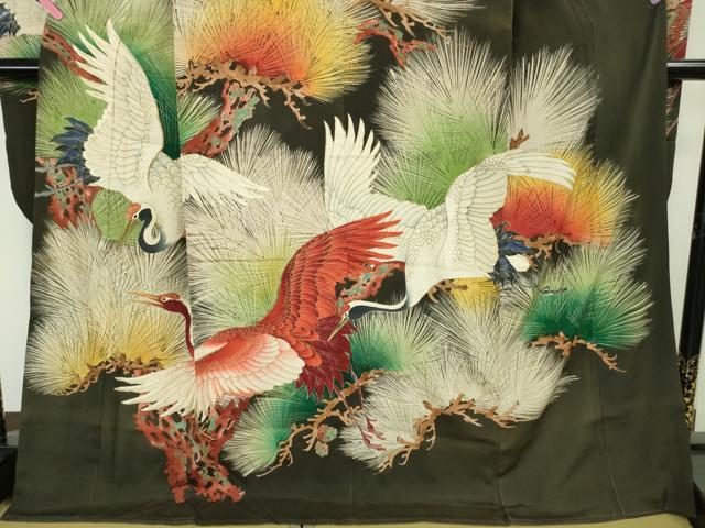 平和屋本店●極上 アンティーク 大正ロマン 振袖 刺繍 飛鶴松文 暈し染め 金糸 逸品 DZAA4720kh5