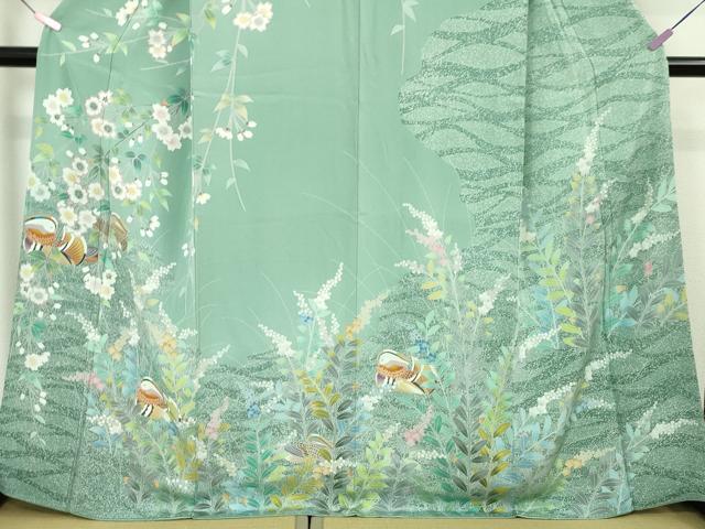 平和屋着物●極上　手描友禅　奥田秀水　訪問着　鴛鴦花文　たたき染め　千草色地　逸品　DZAA4723kh6