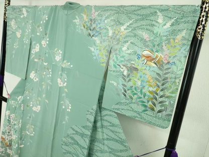 平和屋着物●極上　手描友禅　奥田秀水　訪問着　鴛鴦花文　たたき染め　千草色地　逸品　DZAA4723kh6