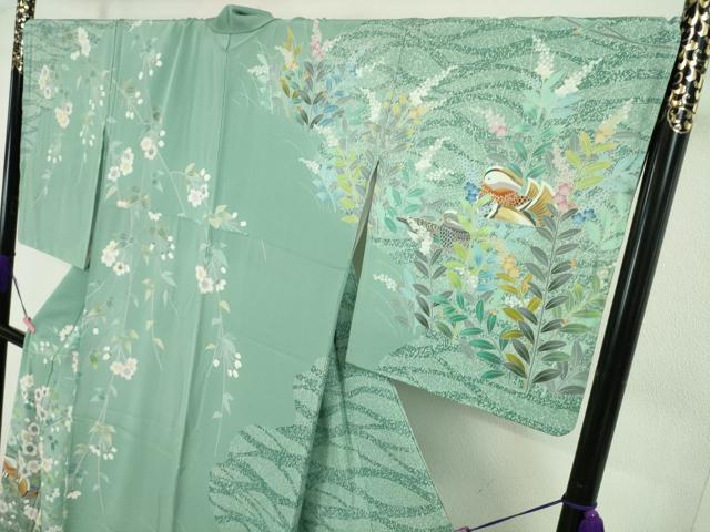 平和屋着物●極上　手描友禅　奥田秀水　訪問着　鴛鴦花文　たたき染め　千草色地　逸品　DZAA4723kh6