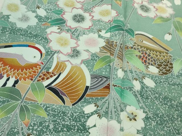 平和屋着物●極上　手描友禅　奥田秀水　訪問着　鴛鴦花文　たたき染め　千草色地　逸品　DZAA4723kh6