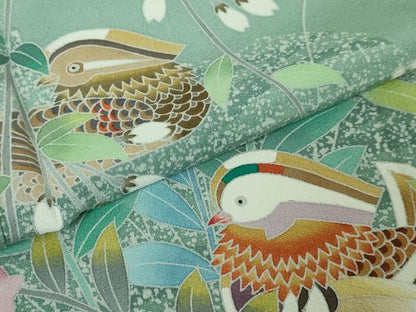 平和屋着物●極上　手描友禅　奥田秀水　訪問着　鴛鴦花文　たたき染め　千草色地　逸品　DZAA4723kh6